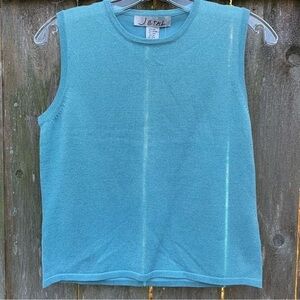 JETAL aqua blue sleeveless silk knit top festive holiday sparkle evening